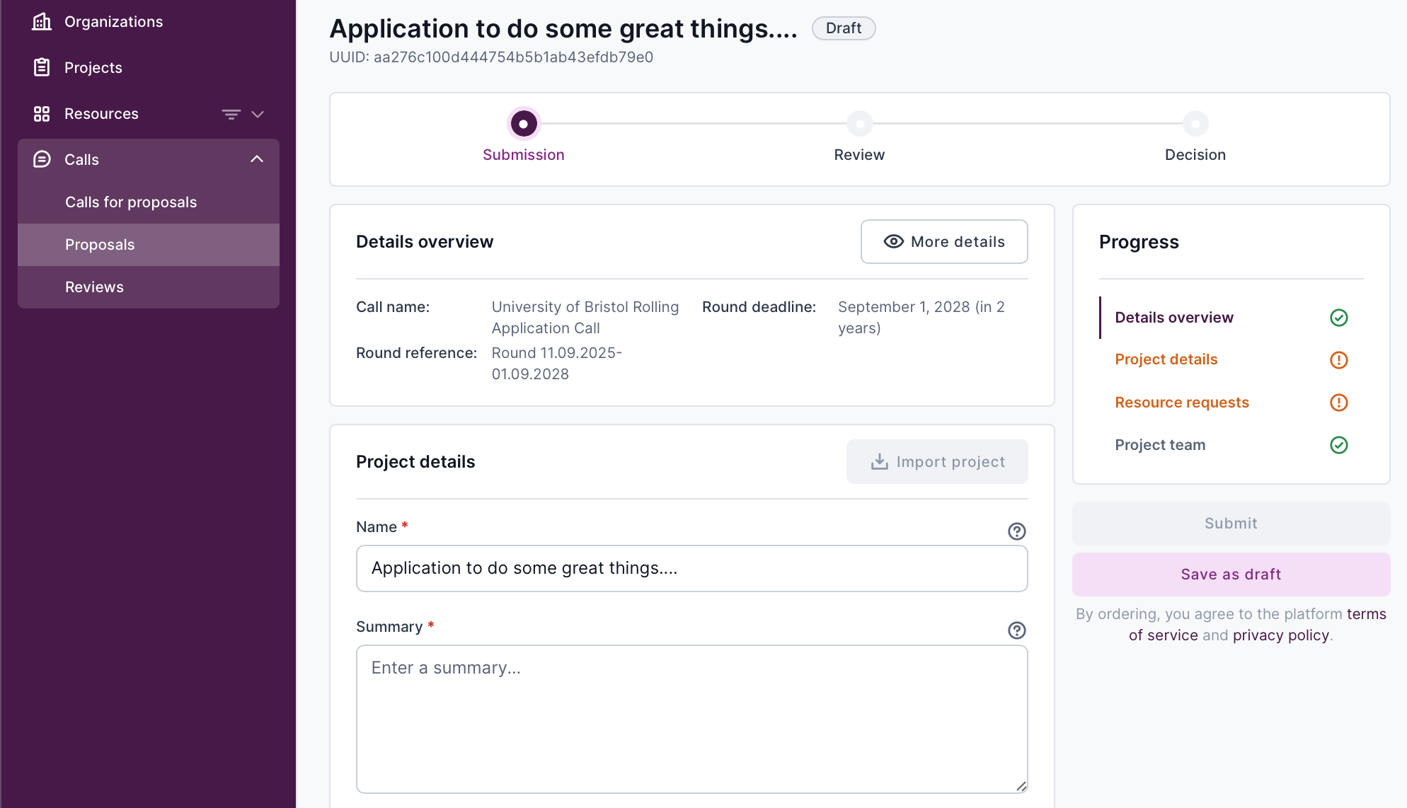 Screenshot showing application page