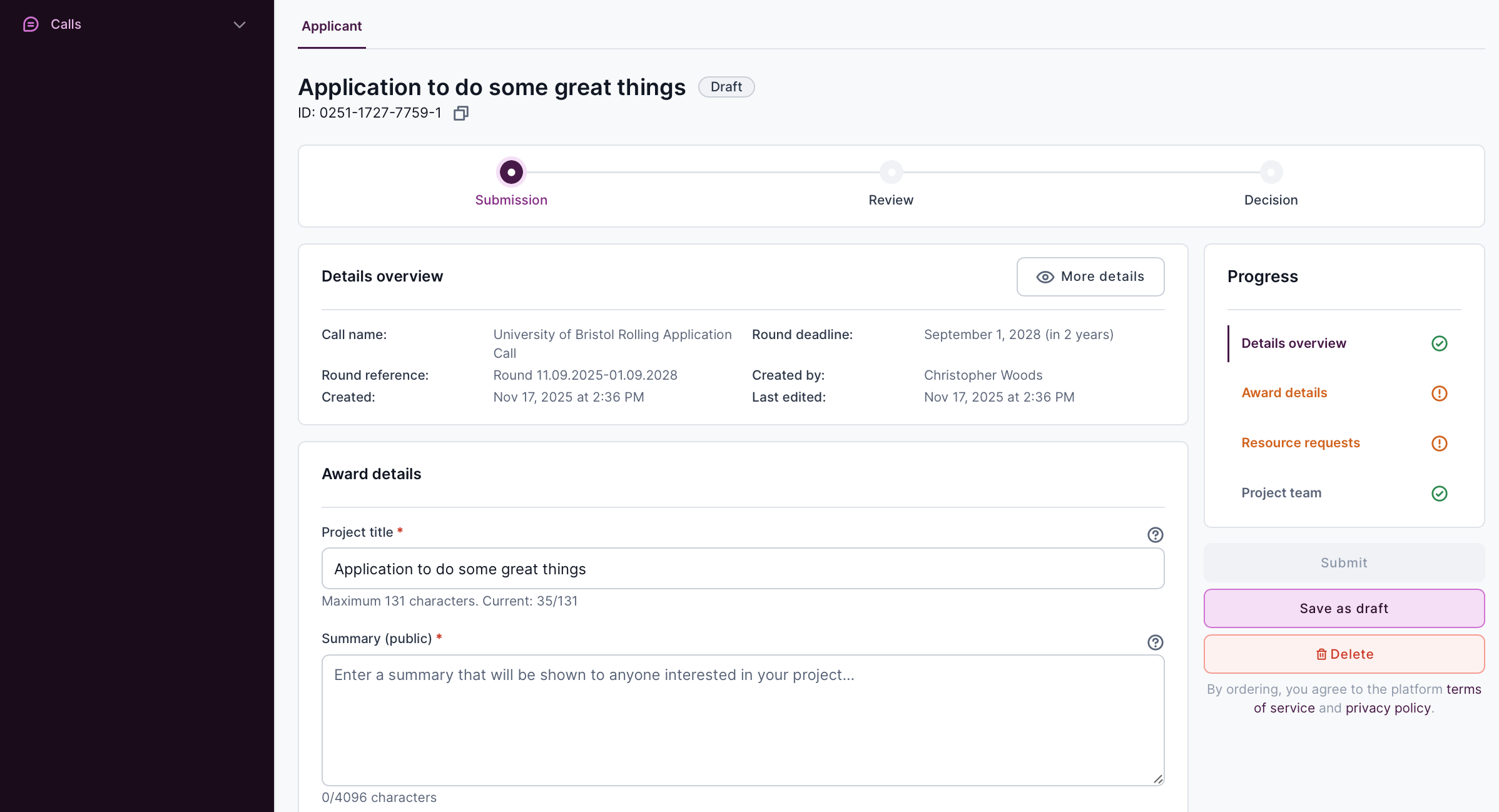 Screenshot showing application page
