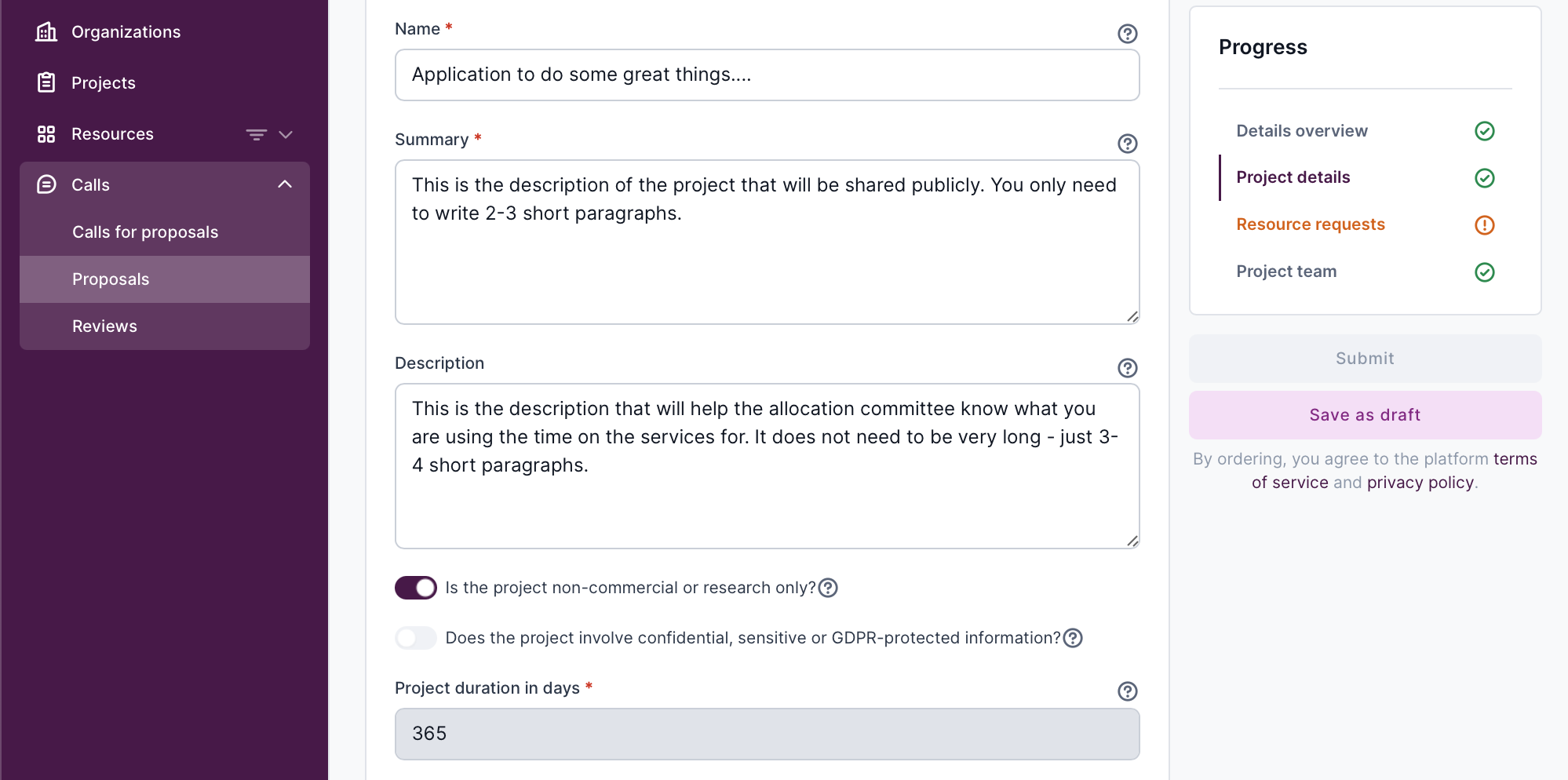 Screenshot showing completed application page
