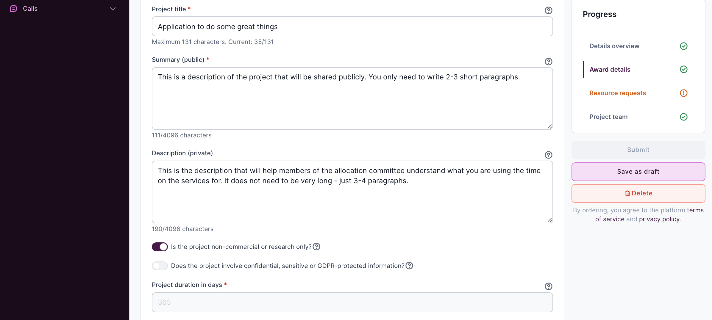 Screenshot showing completed application page