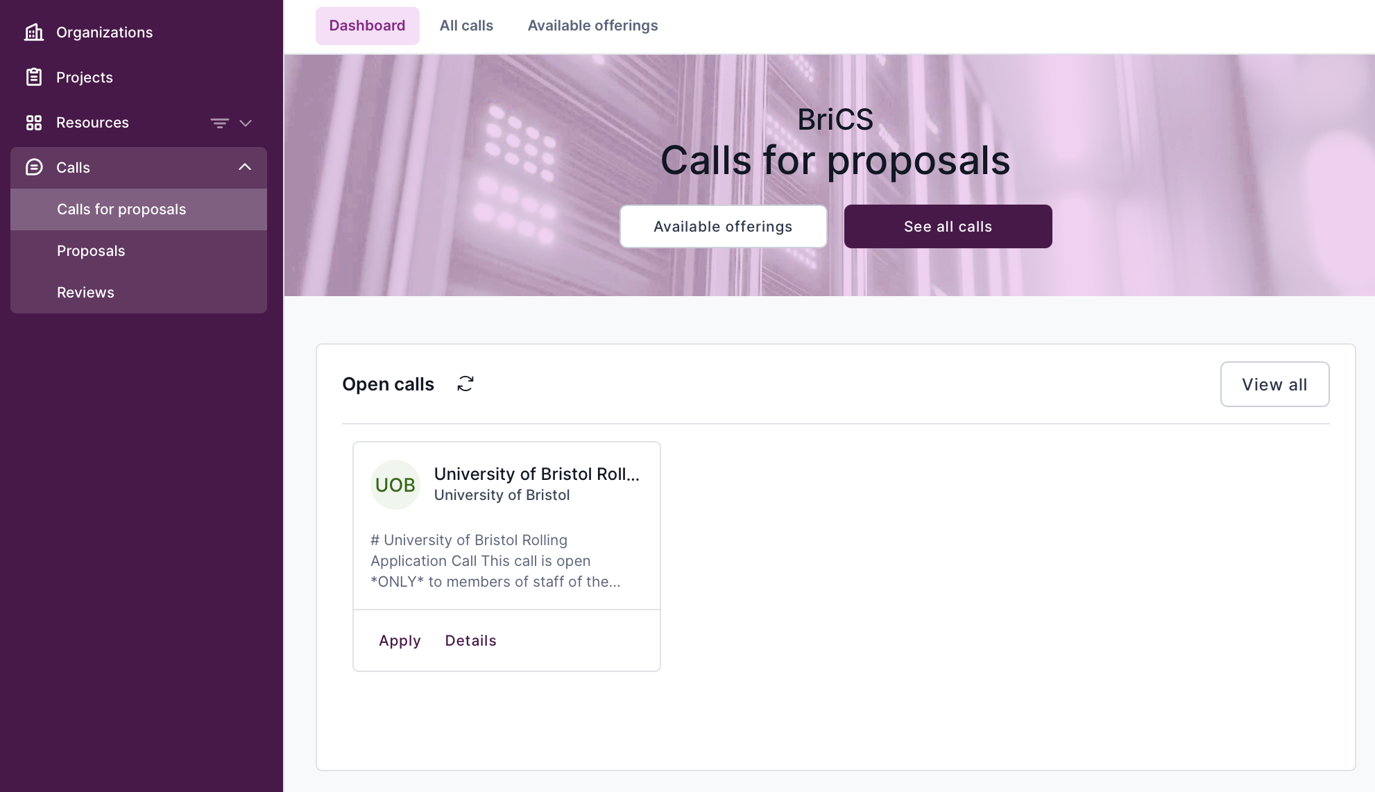 Screenshot showing Calls for Proposals page